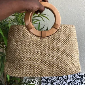 Tan beige cream woven straw hand tote bag with embroidered flowers and wooden handles thumbnail 2