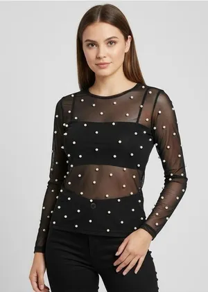 Amber Skies Pearl Embellished Sheer Mesh Top Black Cocktail Glam Whimsigoth XL thumbnail 1