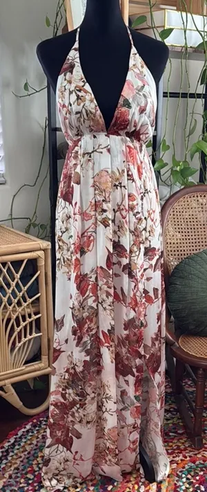 Hello Molly Off White Floral Open Back Side Slit Boho Hippie Halter Maxi Dress thumbnail 1