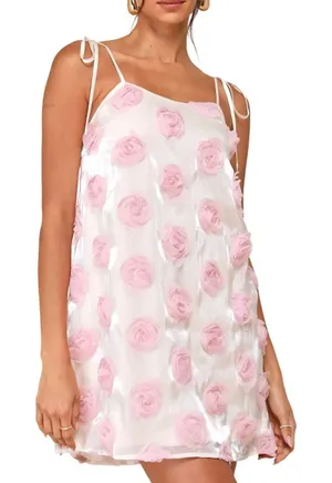 Lulus Size Medium Pink 3D Floral Rosette Mini‎ Dress Cream Tie Strap Babydoll thumbnail 1