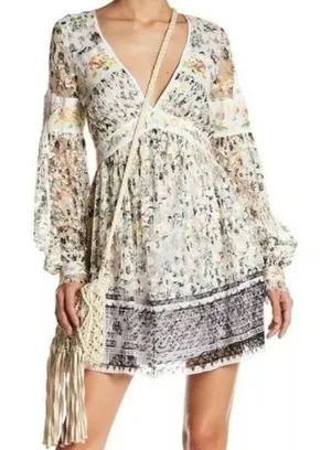 Free People Soli Plunge Long Sleeve Floral Lace Embroidered Mini Dress XS S thumbnail 1
