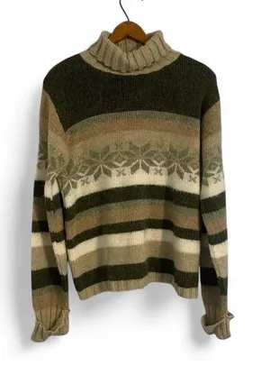 Fashion Bug Vintage y2k Nordic Soft Green Beige Snowflake Turtle Neck Sweater thumbnail 1