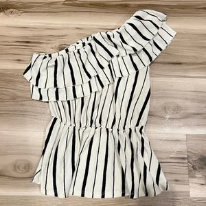 Anthropologie Cream and Black Striped Ruffle Blouse Women’s Small thumbnail 3