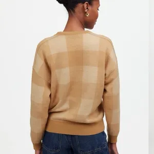 MADEWELL Women's XL Merinol Wool Windowpane Plaid Pullover Sweater Camel Tan thumbnail 8