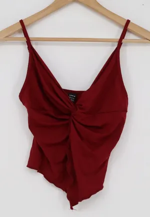 SHEIN Burgundy Red Twist Front Handkerchief Hem Cami Top XS Adjustable Straps thumbnail 1