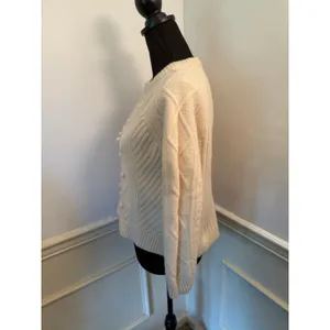 J.Crew 100% Wool Chunky Diamond Cable Knit Pom-Pom Cropped Sweater Ivory Cottage thumbnail 4