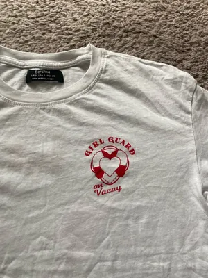 Women’s Bershka White Crewneck Tee with Red Lifesaver Chest Graphic thumbnail 4