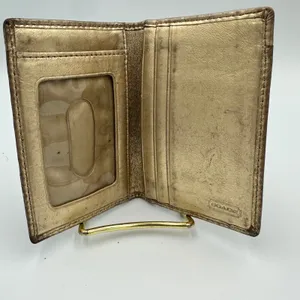 Coach Signature Monogram Bifold Wallet Brown Canvas Metallic Gold Leather Trim thumbnail 3