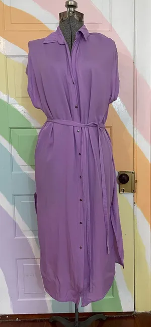 INDAH Lilac Viscose Shirt Dress Belted Midi Resort Boho Size S thumbnail 1