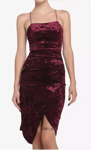 Crushed Velvet Spaghetti-Strap Midi Dress in Burgundy thumbnail 1