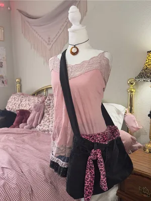Handmade Black Canvas Crossbody Bag with Pink Leopard Accent - Women's Crossbody thumbnail 4