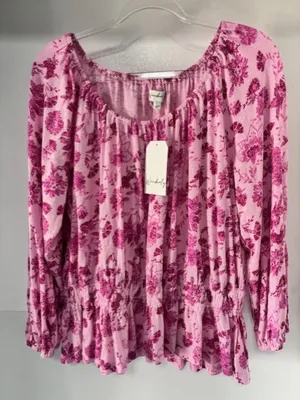 Wonderly NWT L Pink Floral Long Sleeve Peasant Top On Off Shoulder Boho Flowy thumbnail 6