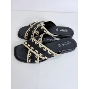 Lottini Black Leather‎ Woven Slide Sandals Italy EU 38 Minimal Artisan Resort thumbnail 2