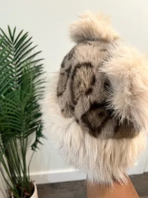 Plush Faux Fur Animal Ear Beanie - Cream & Brown thumbnail 3