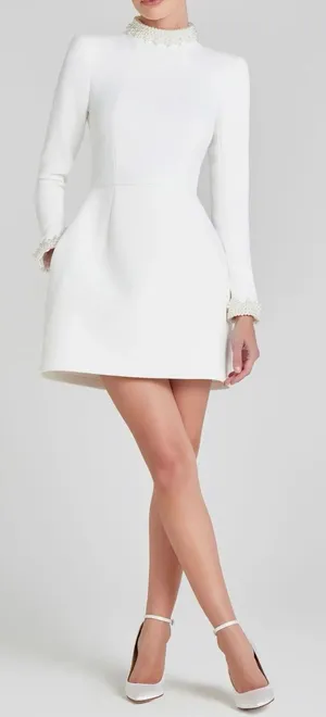 NEW Nadine Merabi White Audrina Athena Beaded Long Sleeve Minidress Sz 6 thumbnail 1