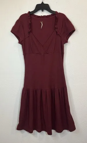Free People Dress Medium Midi Burgundy V-neck Ruffle thumbnail 1