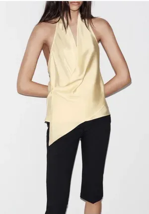 Zara Light Yellow Halter Top Satin Effect Asymmetrical Summer Festival Flowy thumbnail 1
