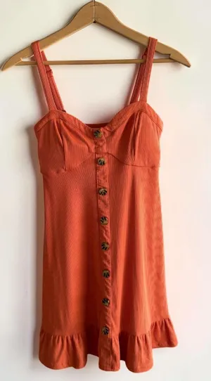 No Boundaries Burnt Orange‎ Ribbed Mini Dress Button Front Ruffle Hem Small thumbnail 1