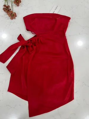 Saints +Secrets Strapless Red Satin Mini Dress with Side Tie Cutout thumbnail 3