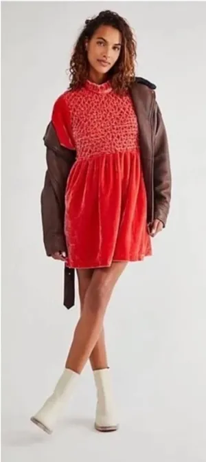 Free People Womens Gumdrop Red Orange Velvet Smocked Open Back Boho Mini Dress S thumbnail 1