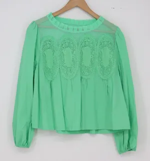 Fashion Blouse Women's S Green Crochet Lace Balloon Sleeve Excellent thumbnail 1