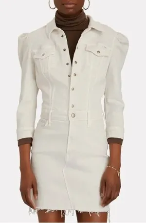 MOTHER Denim Cream Puff Shoulder‎ Raw Hem Mini Dress Long Sleeve Off White Small thumbnail 1