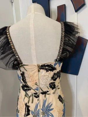 Lulu's Cream Midi Dress with Blue Floral Embroidery and Black Leaf Detail Sz S thumbnail 7