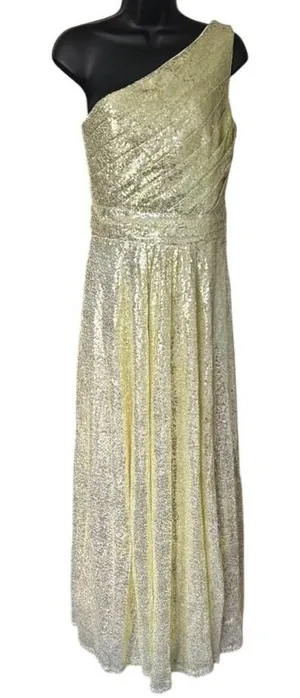 NWT Kate Kasin One Shoulder Maxi Dress Sz 6 Gold‎ Sequin Bridesmaid Evening Prom thumbnail 1