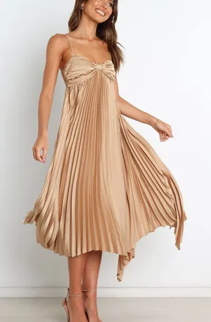NWT Petal and Pup Vikki Dress Gold Pleated Satin Midi Formal Size 4 thumbnail 1