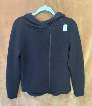 Waffle Knit Aymetrical Full Zip Up Hooded Athletic Jacket Black thumbnail 1