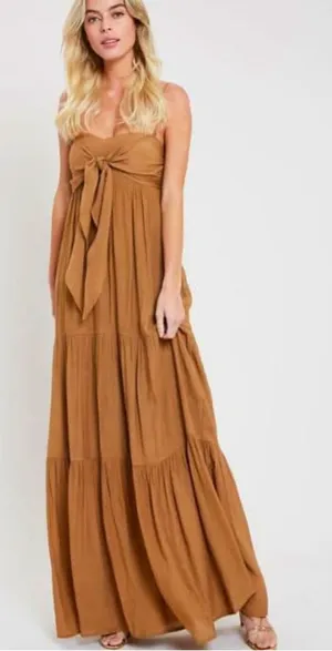 Wishlist Apparel Falling In Love Tie-Front Tiered Camel Maxi Dress Size S thumbnail 1