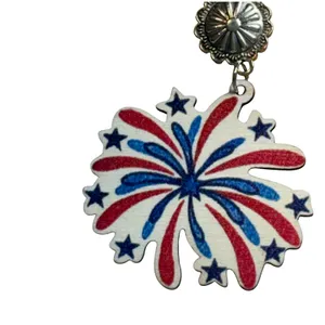 Fireworks Drop Earrings Womens OS Red‎ White Blue Patriotic Concho Wood 4th July thumbnail 2