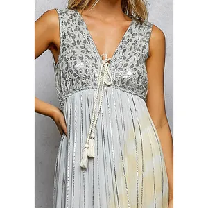 POL Deep V Sleeveless Cotton Bohemian Tiered Maxi Dress -‎ Light Grey - Medium thumbnail 6