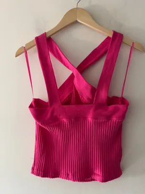 Zara Hot Pink Ribbed‎ Cross Halter Crop Top Knit Tank thumbnail 4