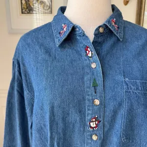 Vintage Northern Tradition Snowman Denim Chambray Button Up Shirt XL thumbnail 1