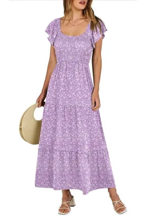 NEW Flutter Sleeve Scoop Neck Smocked Tiered A Line Flowy Maxi dress S thumbnail 1