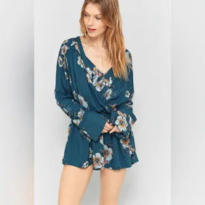 Free People Tuscan Dream Floral Tunic Dress V neck Blouse Teal Long Sleeve Femme thumbnail 3