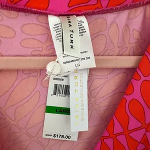Trina Turk Pink Orange Print Stretch Swim Vneck Popover Coverup L thumbnail 7