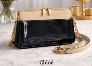 Chloé Lucy Two-Tone Leather Shoulder Bag Beige & Black Patent Leather thumbnail 1