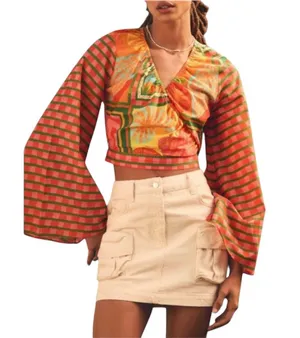NEW Farm Rio x Anthropologie Bell-Sleeve Wrap Top Large thumbnail 1