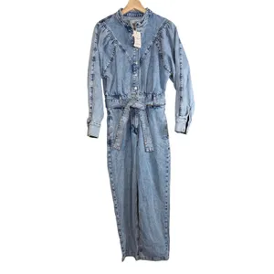 MNG Denim Jumpsuit Women's‎ XS Light Wash Tie Waist Button Front Western NWT thumbnail 2