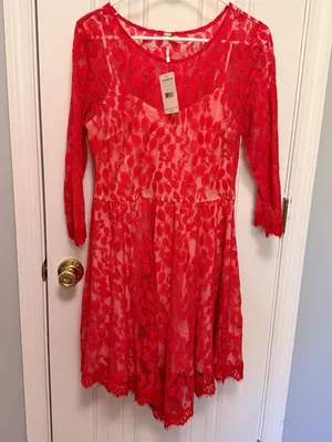 Free People‎ Brick Red Lace Dress NWT Boho Fit Flare festival thumbnail 3