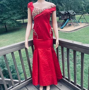 Elegant Red Off-Shoulder Evening Gown with Crystal Detail thumbnail 5