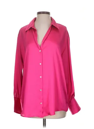Zara Hot Pink Satin Button-Down Blouse Wide Cuffs Size Medium🎀 thumbnail 5