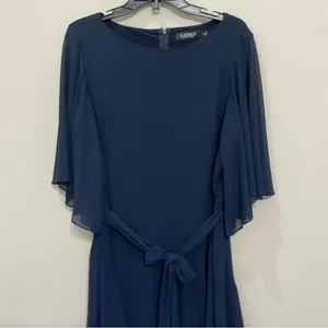Lauren Ralph Lauren Cocktail Dress Mandie Navy Blue Ruffled Knee-Length Sz 14 thumbnail 3