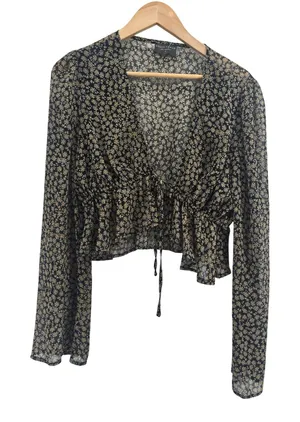 Dress Forum Top Womens L FT6532 Black Beige Floral Tie Front Sheer Crop EUC thumbnail 1