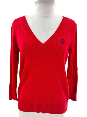 Polo Ralph Lauren Y2k‎ cable Red V-Neck Sweater embroidered initial sz S thumbnail 1