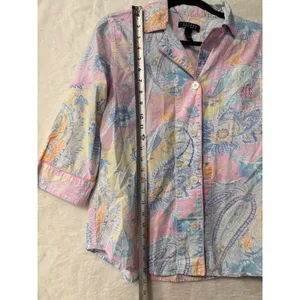 Lauren Ralph Lauren Pajama Set Womens Medium Pink Paisley Cotton 3/4 Sleeve Crop thumbnail 7