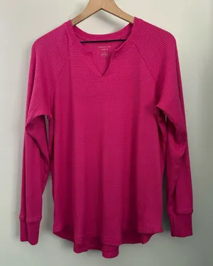 American Eagle Large V Neck Magenta Pink Thermal Long Sleeve Tee Relaxed Lounge thumbnail 1