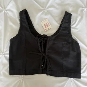 Roxy Black Lace-Edge Tie-Front Crop Top thumbnail 1